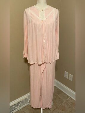 Kayser Pink Pajama Set Lace Trim Women’s L Drawstring Pants Soft Acetate Nylon